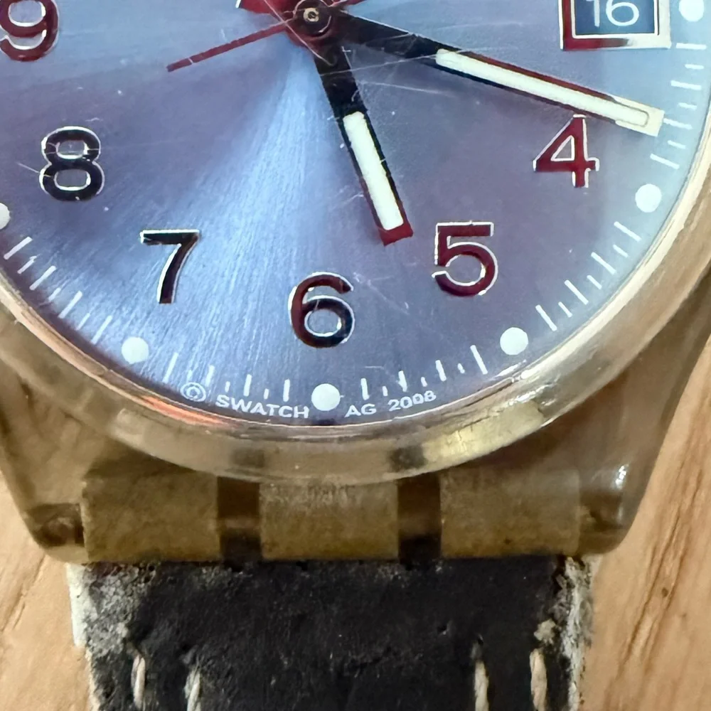 Swatch Blue dial brown strap, Blue Choco classic watch NEW BATTERY